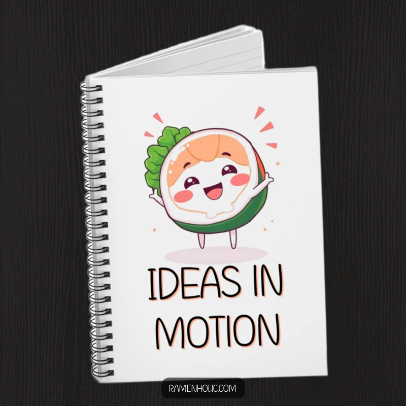 Funny Sashimi Spin Notebook with a smiling sashimi slice character happily spinning, perfect for notes and creative inspiration.