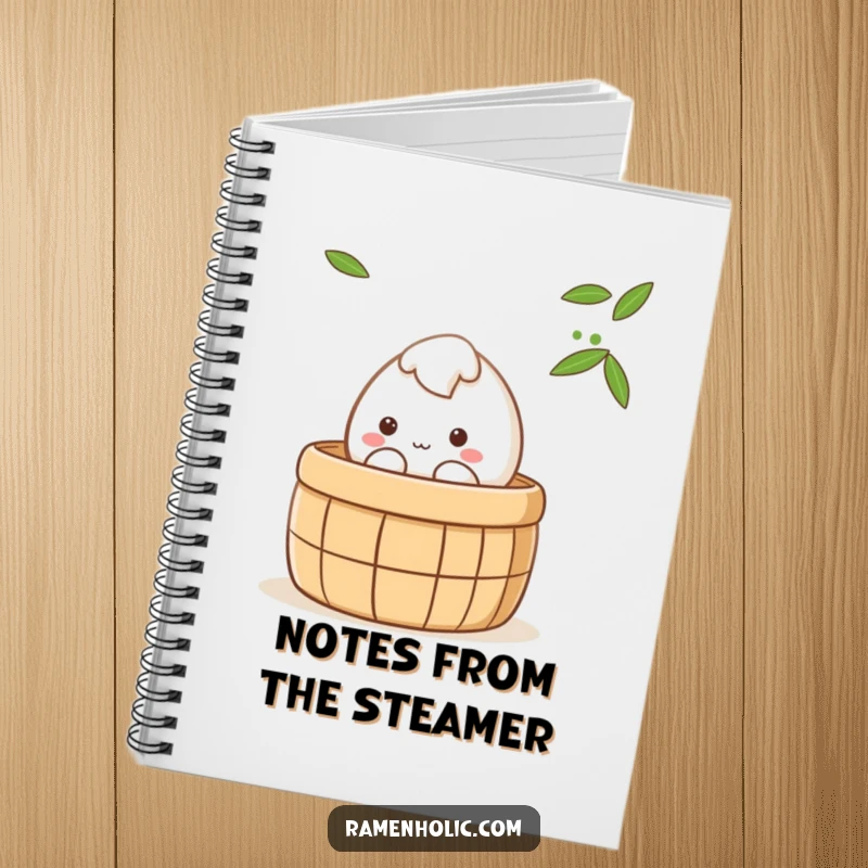 Funny shy mochi character peeking from a steaming bamboo steamer, cute kawaii notebook, practical and charming funny gift for writers.