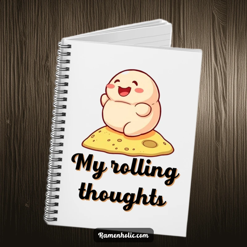 Funny notebook featuring a smiling dumpling rolling down a hill with delight, ideal for notes and doodles.