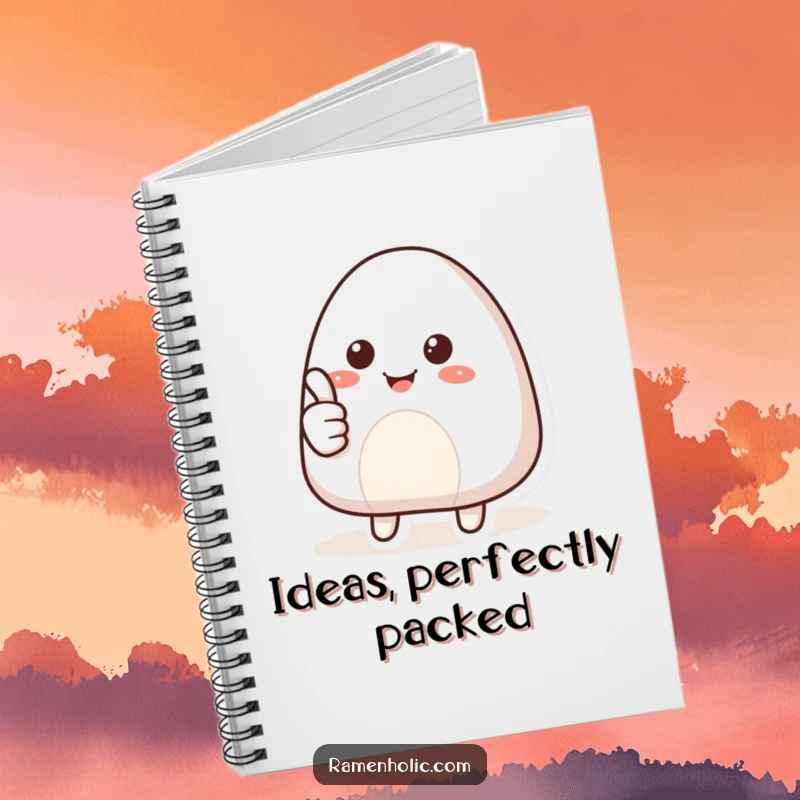 Funny notebook cover with a smiling onigiri character giving a thumbs up, perfect for capturing positive thoughts and foodie inspiration.