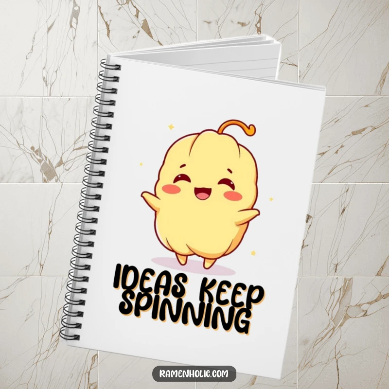 Funny notebook featuring a spinning tempura character with a joyful expression, perfect for brainstorming and creative notes.