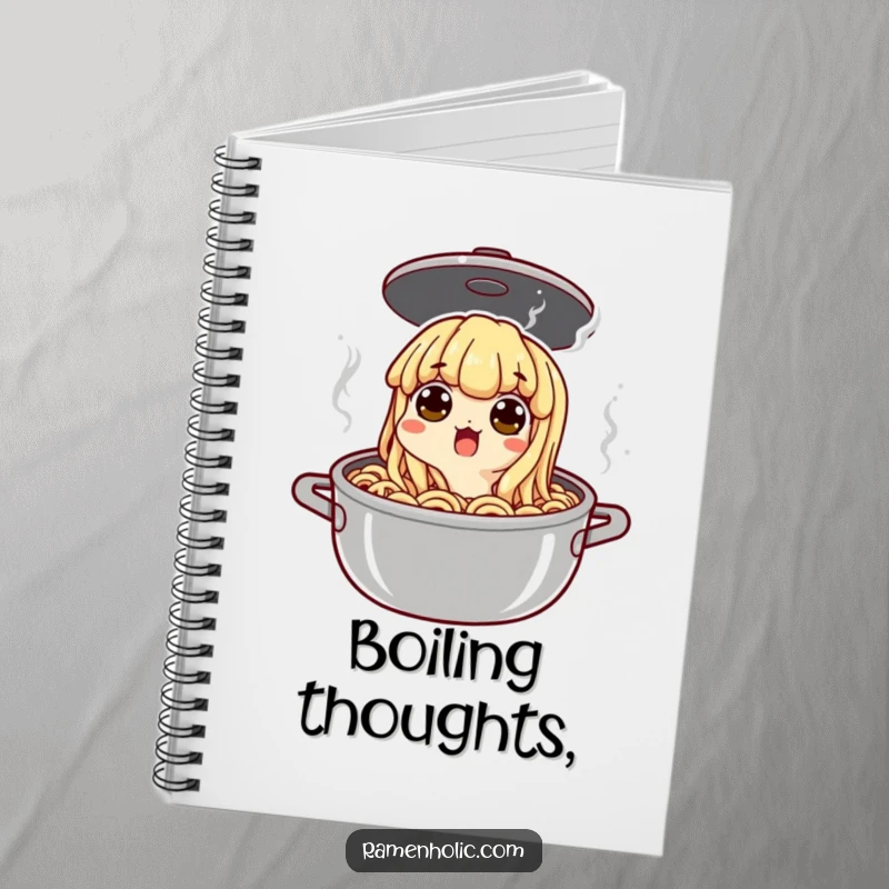 Funny noodle character peeking out of a boiling pot, a blank notebook for writing, perfect for students and creatives who love humor.