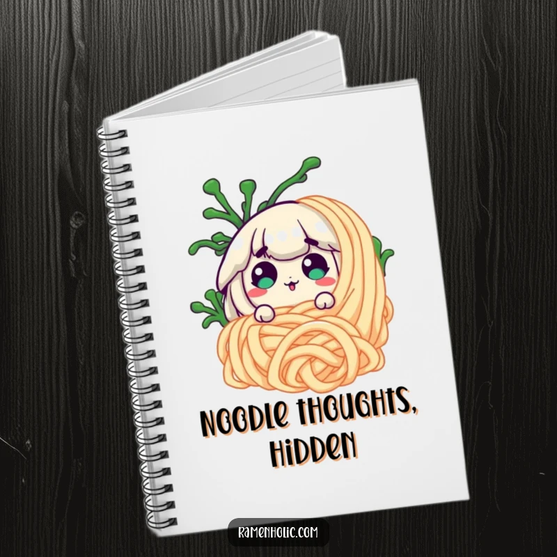 Funny surprised seaweed character behind a noodle on a notebook cover, inspiring creative writing with humor.
