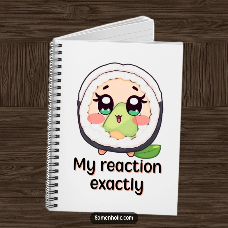 Funny notebook with a surprised sushi roll cover, wide eyes and blush, ideal for journaling or note-taking with a humorous twist.
