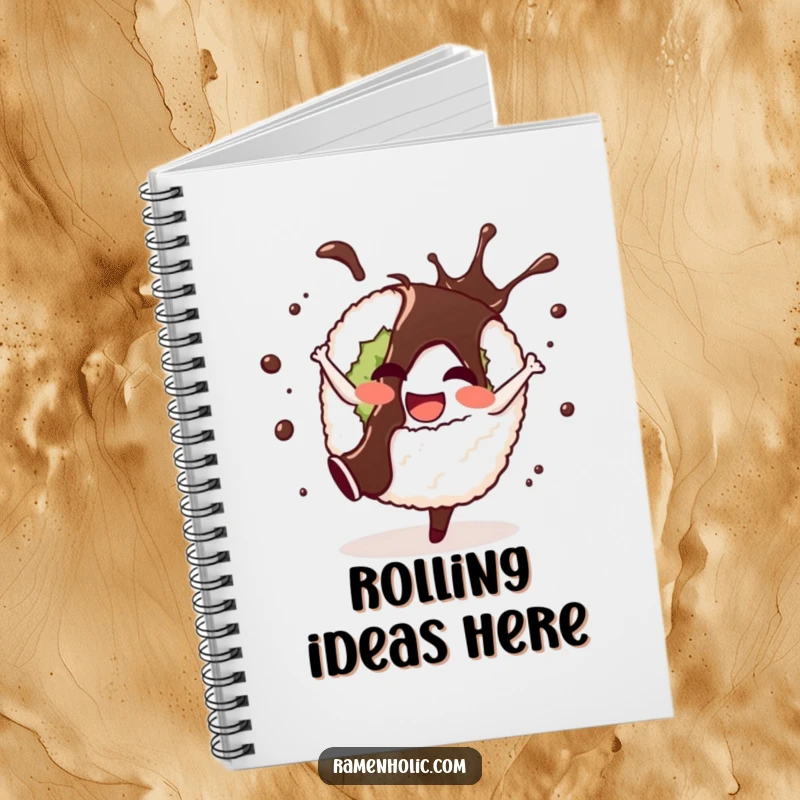Funny notebook with a cheerful sushi roll doing a cartwheel, soy sauce splashing, perfect for doodling or note-taking with humor.