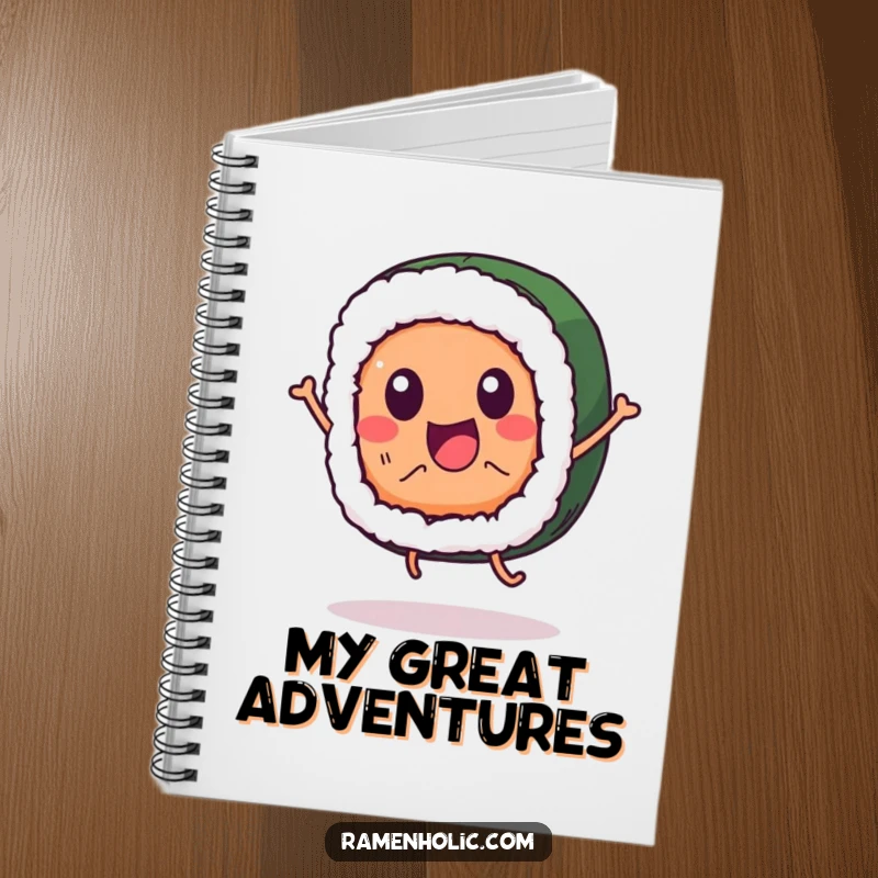 Funny sushi roll character notebook, jumping happily, ideal for capturing notes with a humorous touch.