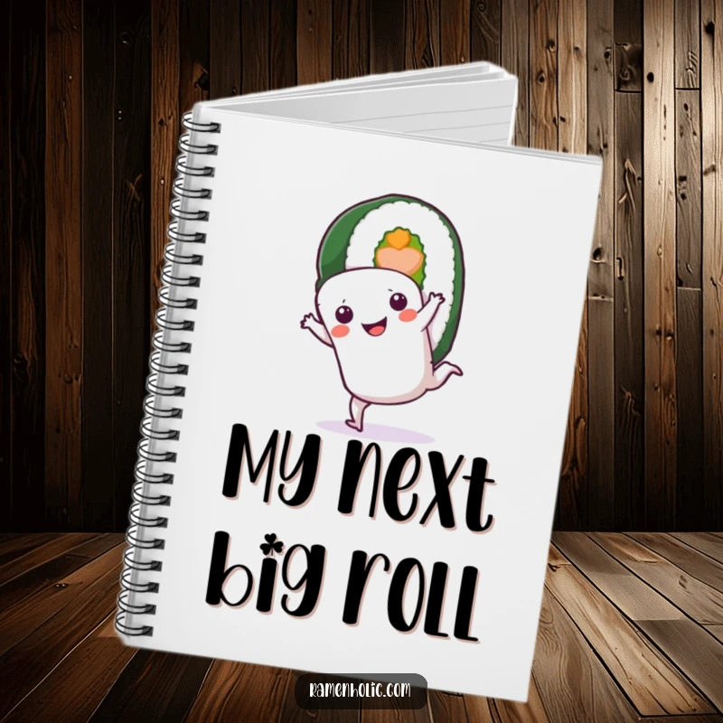 Funny Sushi Roll Notebook: A smiling sushi character doing a cartwheel, perfect for jotting down notes with a humorous touch.