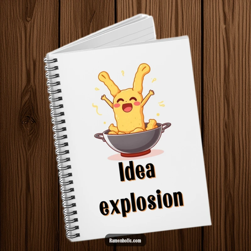 Funny tempura piece leaping joyfully out of a wok, on the cover of a lined notebook.