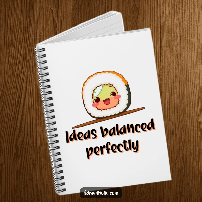 Funny sushi roll balancing on a chopstick, shown on a notebook cover for jotting down ideas with a humorous touch.