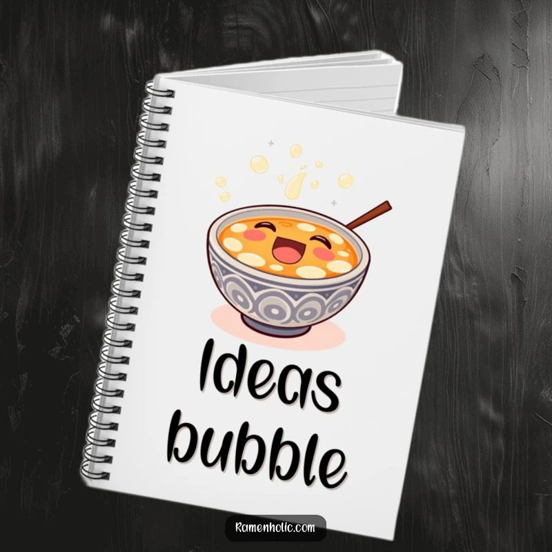 Funny happy miso soup bowl overflowing with bubbly laughter, on the cover of a lined notebook.