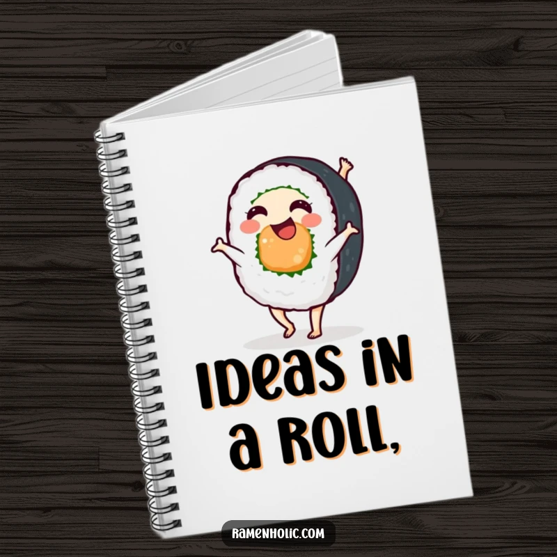 Funny sushi roll doing a cartwheel, a blank notebook for writing, perfect for students and artists who love humorous food designs.