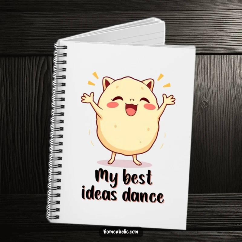 Funny Gyoza Jig Notebook with a smiling dumpling character doing a happy jig, perfect for notes and creative inspiration.