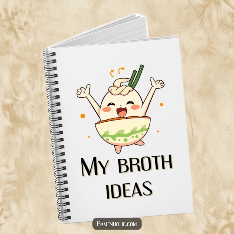 Funny notebook adorned with a leaping ramen bowl character, full of joy, perfect for jotting down notes with a smile.
