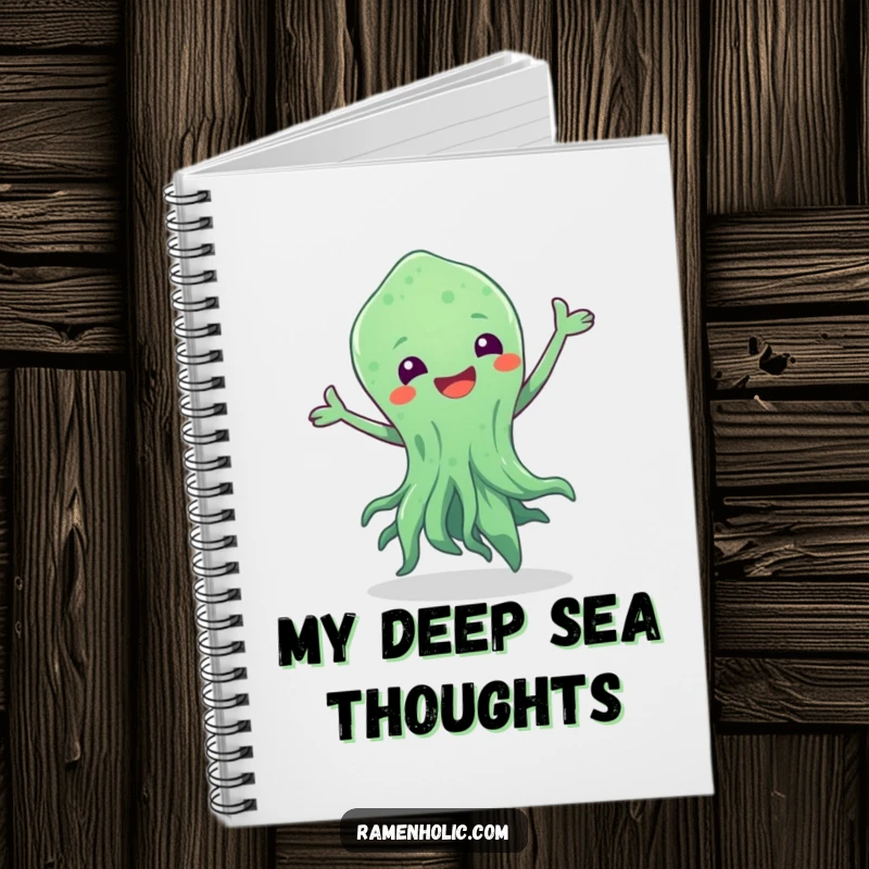 Funny notebook with a dynamic seaweed character dancing, perfect for capturing notes with a lively and humorous aquatic theme.