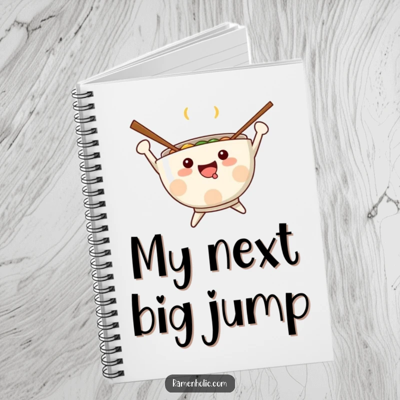 Funny Kawaii ramen bowl with chopsticks as arms, jumping happily, open pages for writing, a burst of culinary inspiration, excellent funny gift.