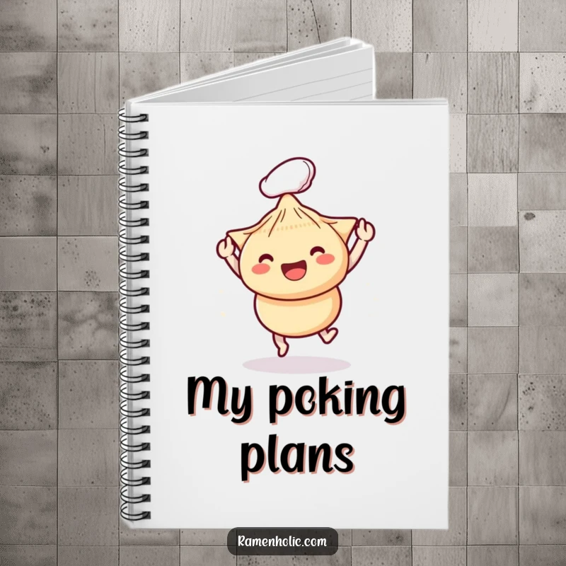 Funny notebook depicting playful chopsticks bopping a happy dumpling, perfect for jotting down notes with a smile.