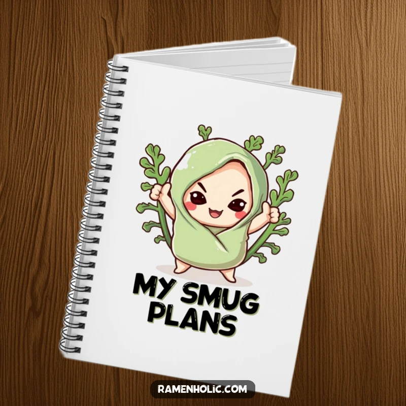 Funny notebook with a kawaii seaweed wrap striking a dramatic pose with a smug smile, perfect for journaling with attitude.