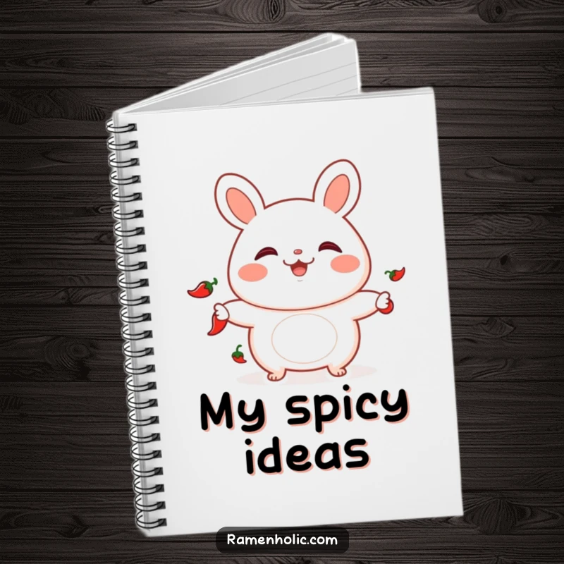 Funny notebook featuring a playful bao bun juggling chili peppers, ideal for notes and spicy recipe ideas.