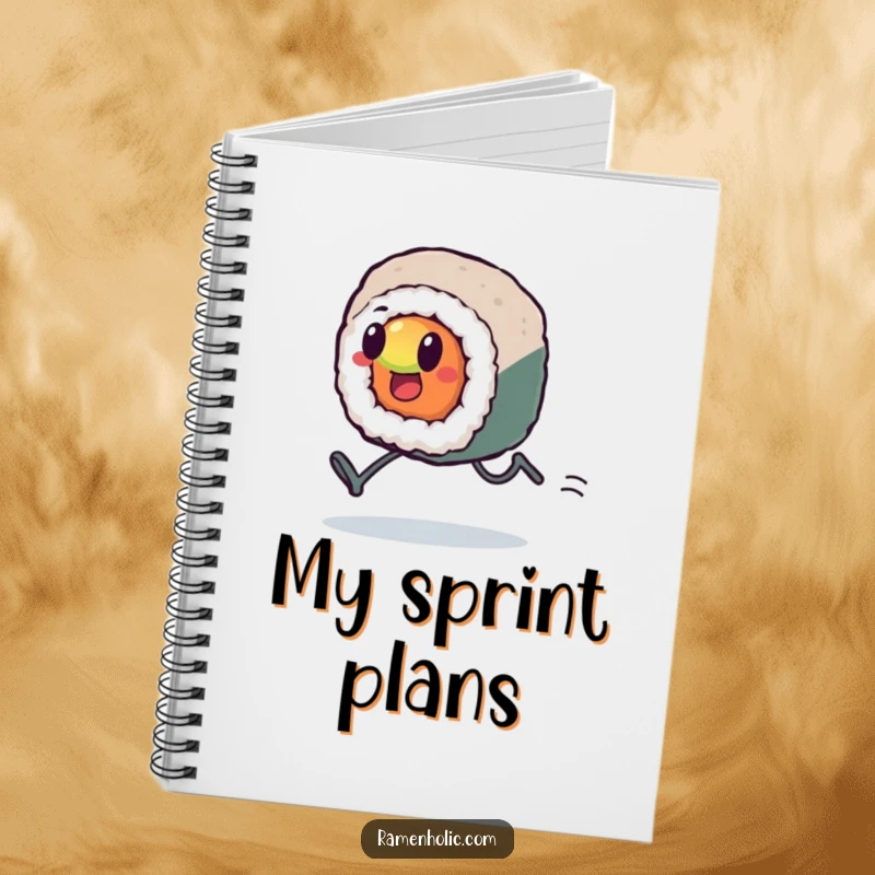 Funny Kawaii sushi roll with tiny legs, sprinting across the pages, ready to record tasks, a humorous and motivational item, excellent funny gift.