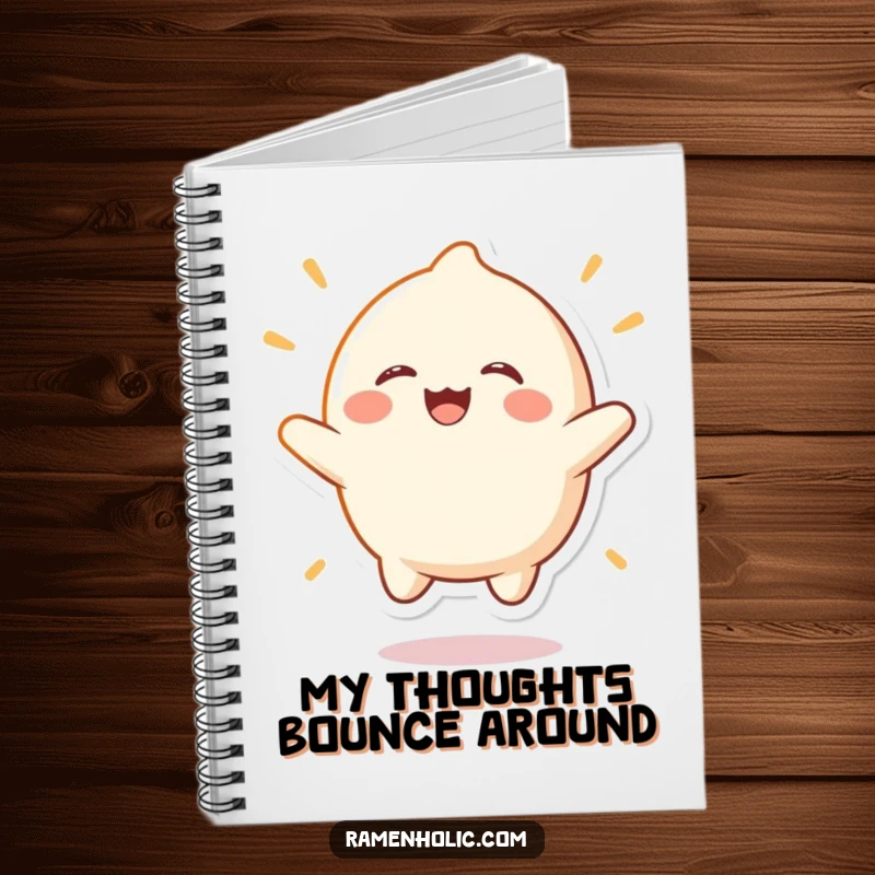 Funny mochi character notebook cover, depicted bouncing with laughter, inspiring joyful note-taking and creative expression.