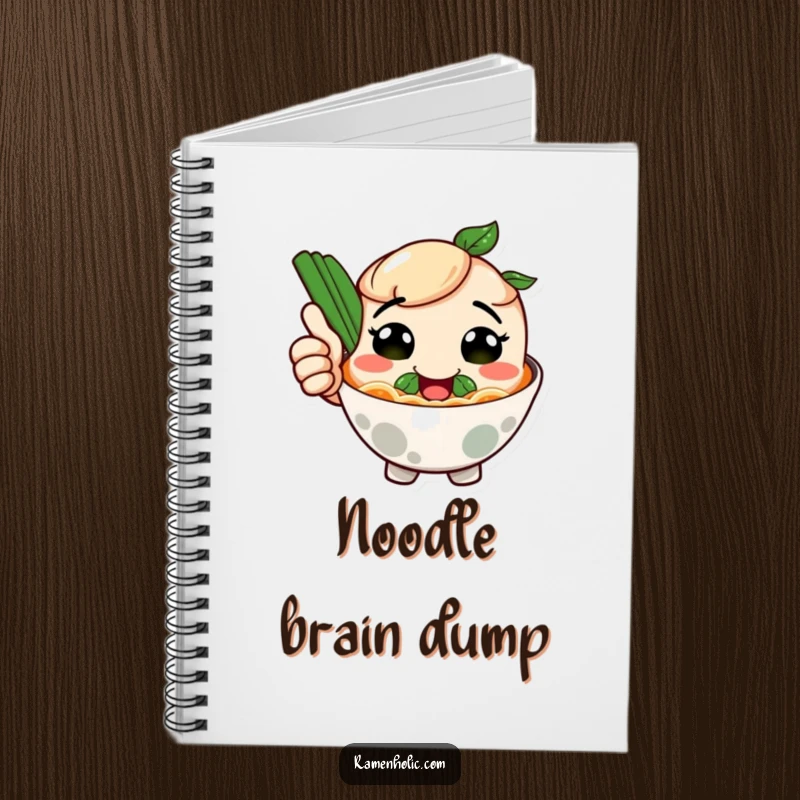 Funny notebook featuring a smiling ramen bowl character giving a thumbs up, ideal for recipes, notes, and food-related ideas.