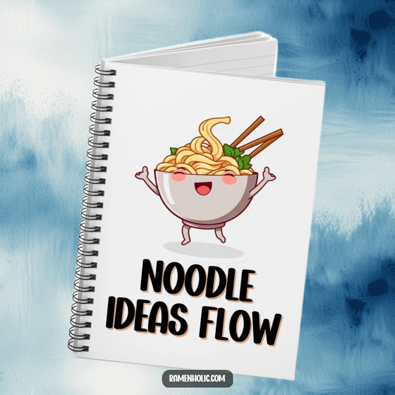 Funny notebook with a smiling bowl of noodles dancing, chopsticks waving like arms, perfect for doodling or note-taking with humor.