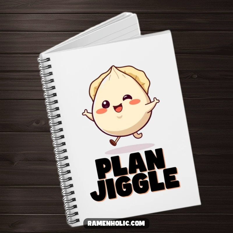 Funny smiling gyoza character hopping happily, pleats jiggling, on the cover of a lined notebook.