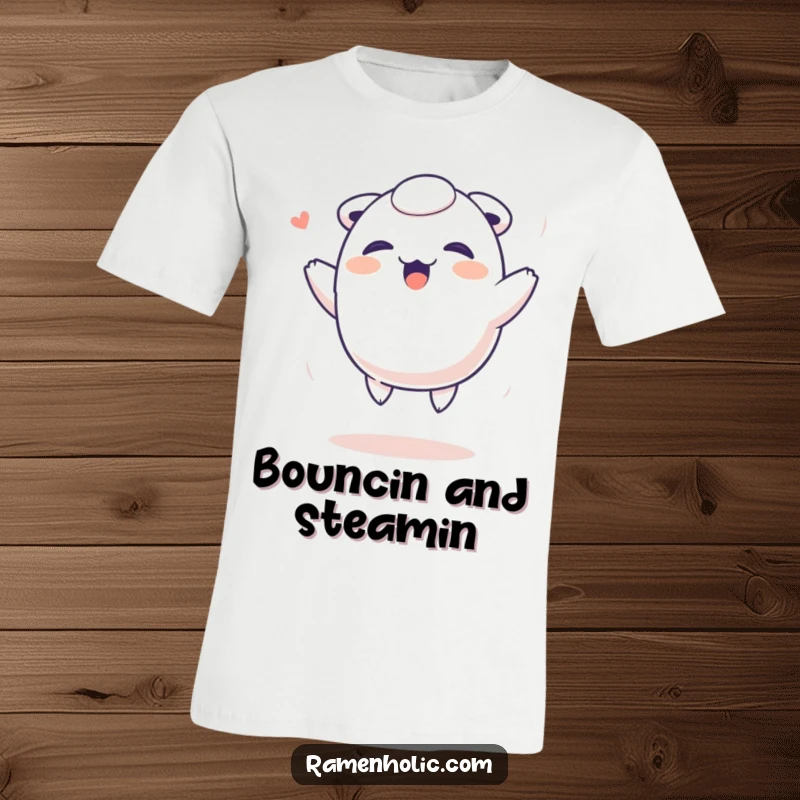 Funny Dumpling T-Shirt: A giggling dumpling character bouncing excitedly, perfect for expressing pure joy and fun.