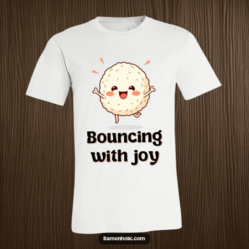Funny rice ball t-shirt featuring a cheerful character doing a celebratory hop, exuding pure happiness and playful energy.