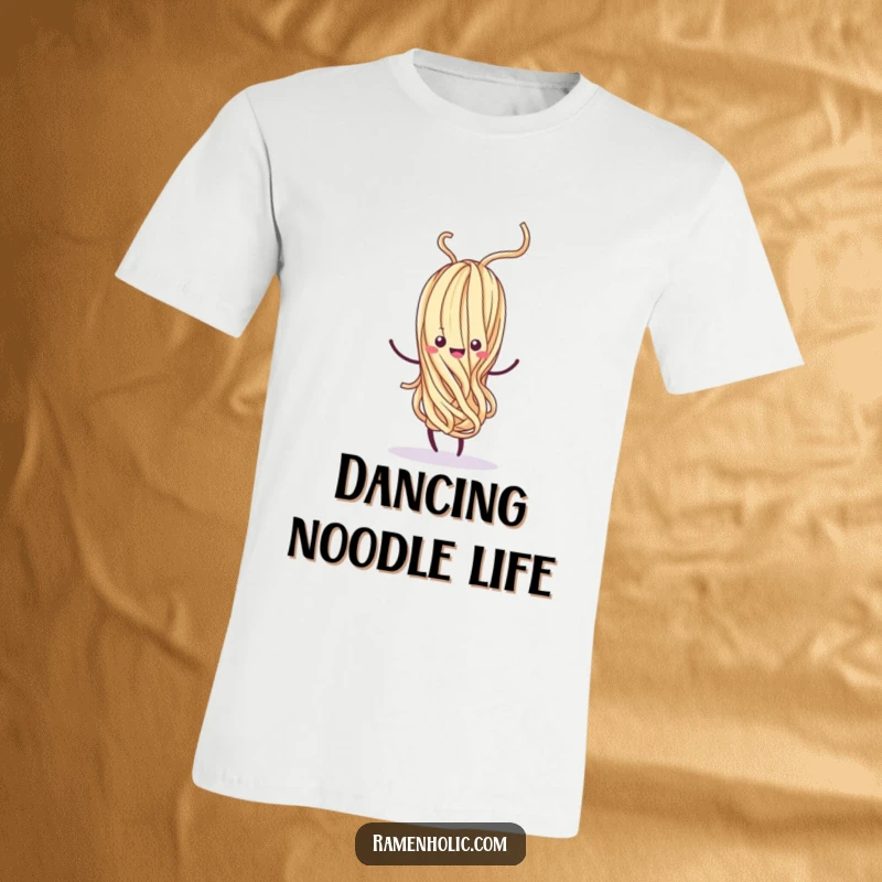 Funny Kawaii noodle strand in a whimsical dance pose, with a joyful swirl, looking energetic and fun, a comical food character, fantastic funny gift.