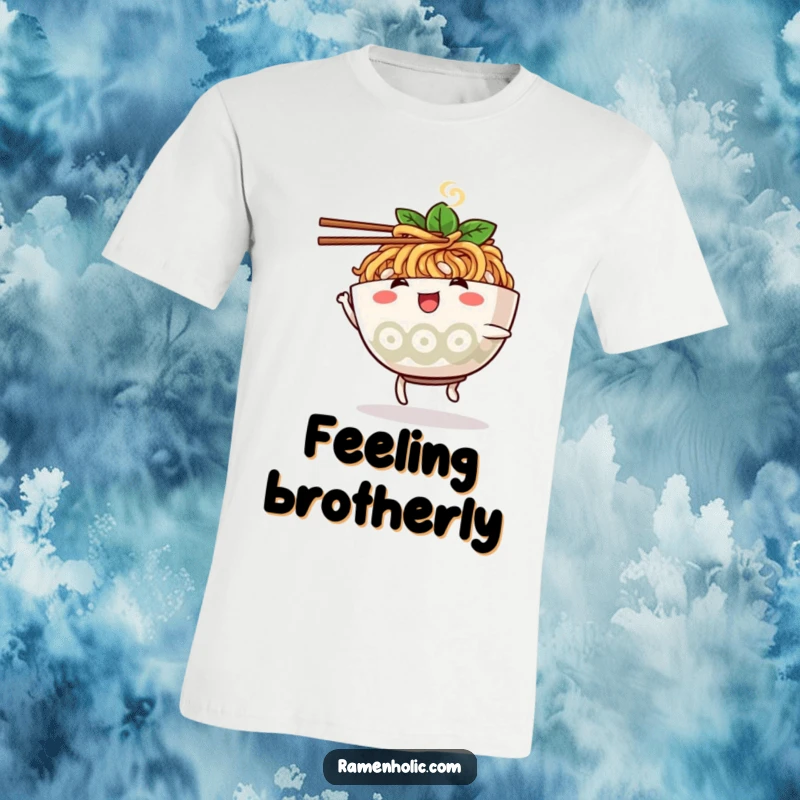 Funny ramen bowl character t-shirt, captured mid-dance with chopsticks, exuding playful energy and fun.