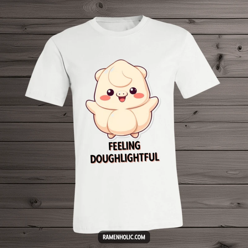 Funny t-shirt featuring a bouncing dumpling character with a massive cheerful grin, embodying playful energy and cartoon food delight.