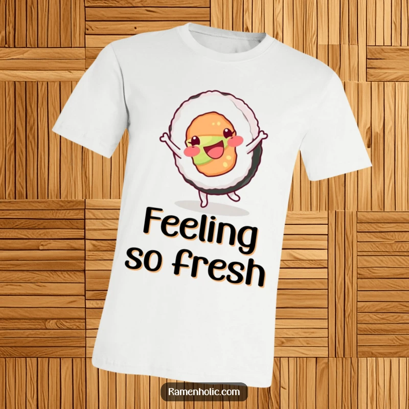 Funny t-shirt print of a happy sushi roll doing a cartwheel with excitement, soy sauce bottle in hand, symbolizing playful energy.