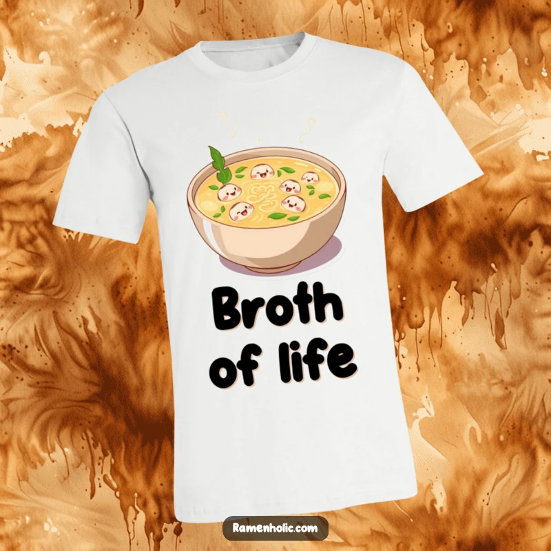 Funny t-shirt featuring a plump bowl of broth bubbling with laughter, with tiny noodle characters swimming joyfully, a heartwarming food cartoon.