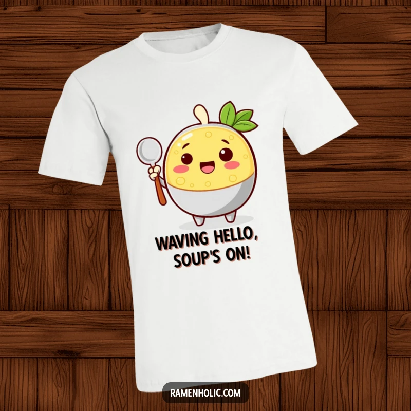 Funny cheerful broth character waving with a ladle on a t-shirt, symbolizing warmth and a friendly greeting.