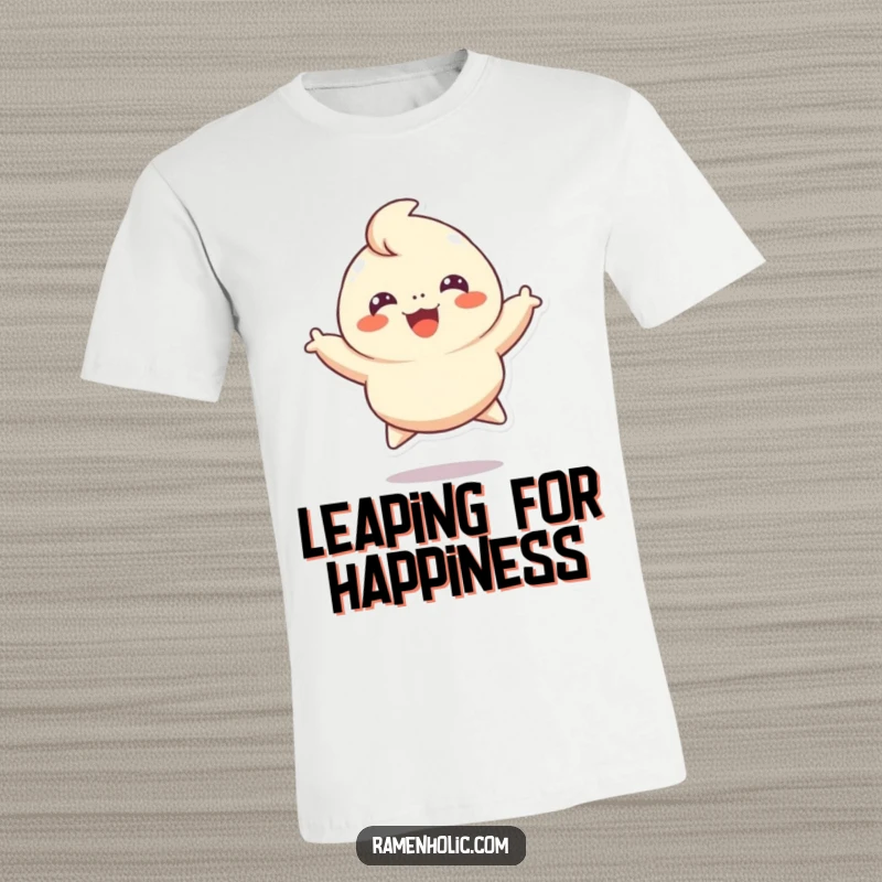 Funny t-shirt print of a cheerful dumpling character leaping joyfully in the air, embodying happiness and a love for food.