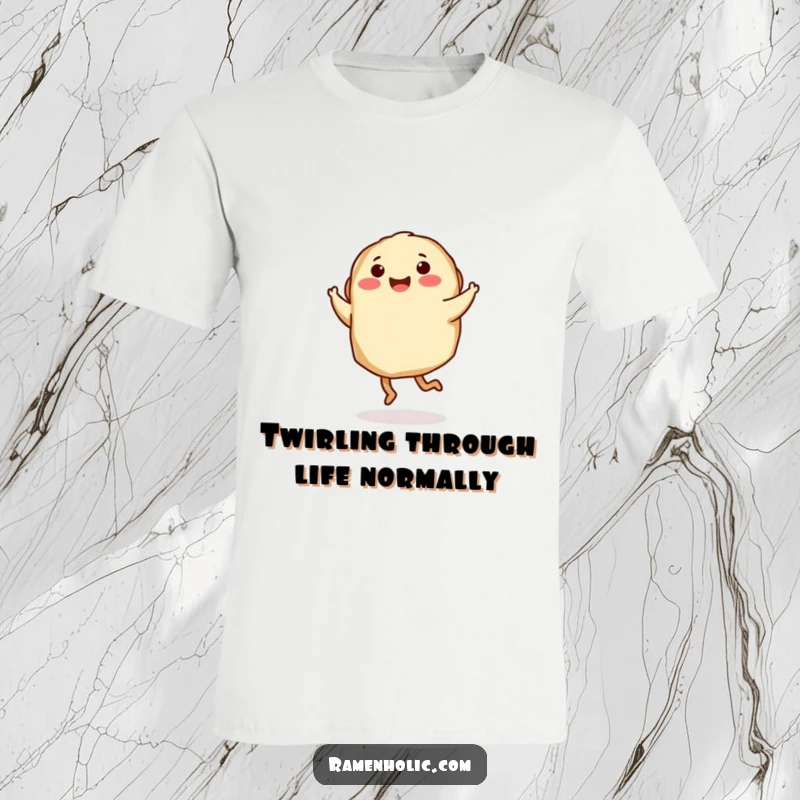 Funny T-Shirt: A gyoza character with tiny legs performs a cheerful twirl, showcasing energetic dance moves.