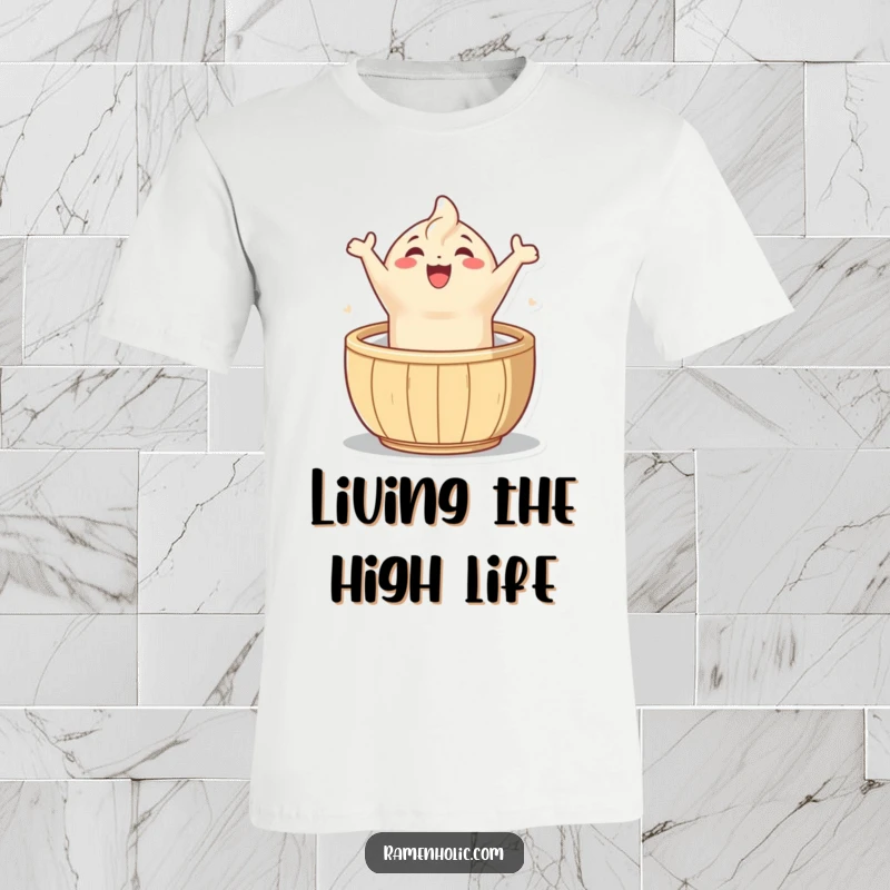 Funny dumpling leap t-shirt, a joyful character bounding out of a steamer, celebrating fun and food.