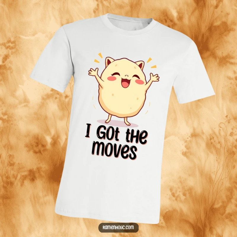 Funny Gyoza Jig T-Shirt showing a lively dumpling character doing a cheerful jig, ideal for casual wear and a good laugh.