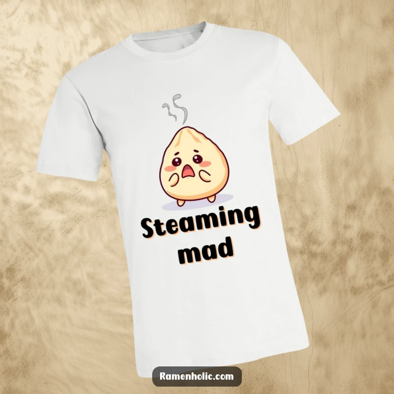 Funny gyoza t-shirt featuring a surprised character with steam puffing out, looking shocked, perfect for dumpling lovers with a sense of humor.