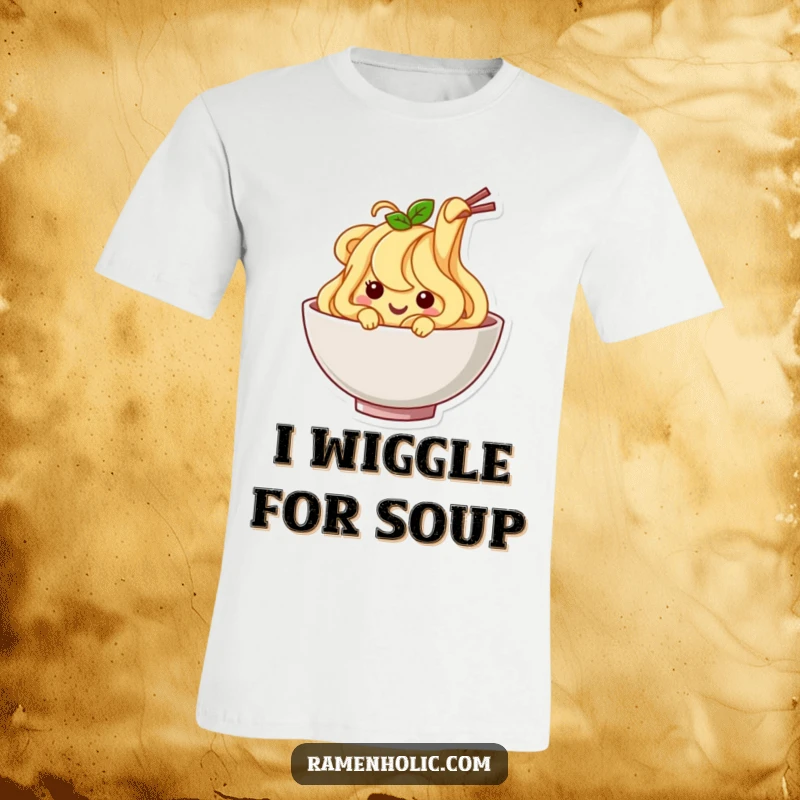 Funny Noodle T-Shirt: A happy noodle character wiggling joyfully in a bowl, perfect for expressing a cheerful and fun personality.