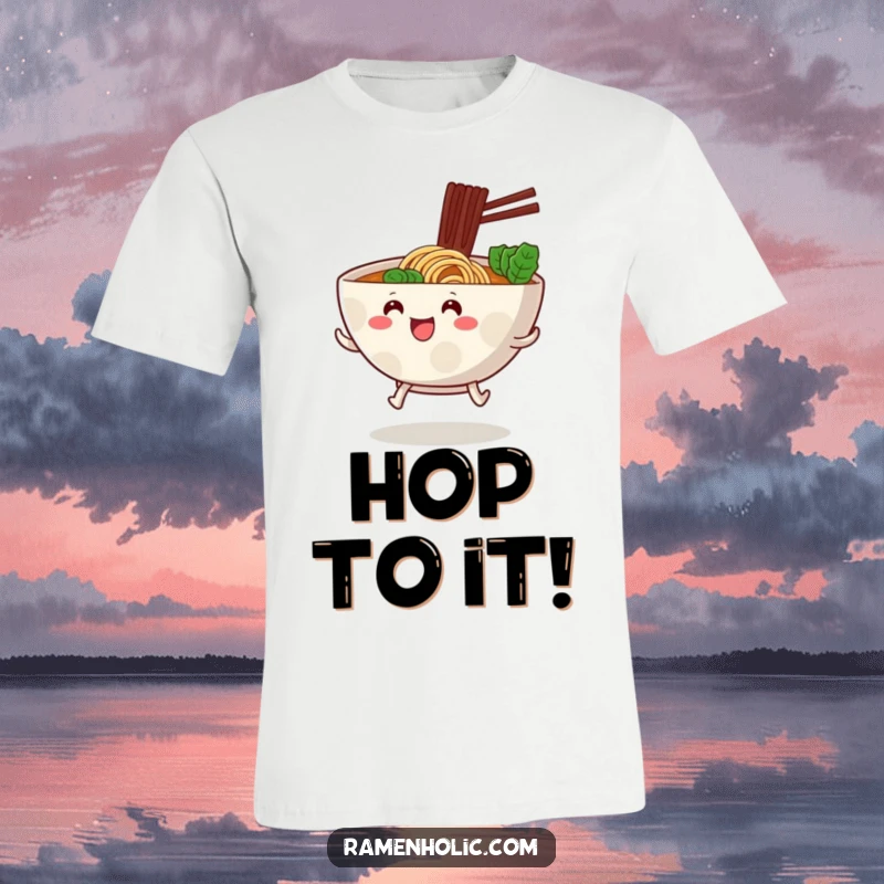 Funny ramen bowl with short stubby legs, joyfully hopping forward in an energetic and cute manner.