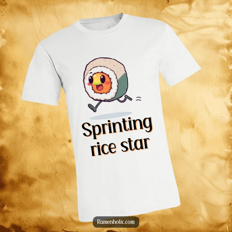 Funny Kawaii sushi roll with tiny legs, sprinting determinedly, looking exhausted but focused, a humorous take on effort, fantastic funny gift.