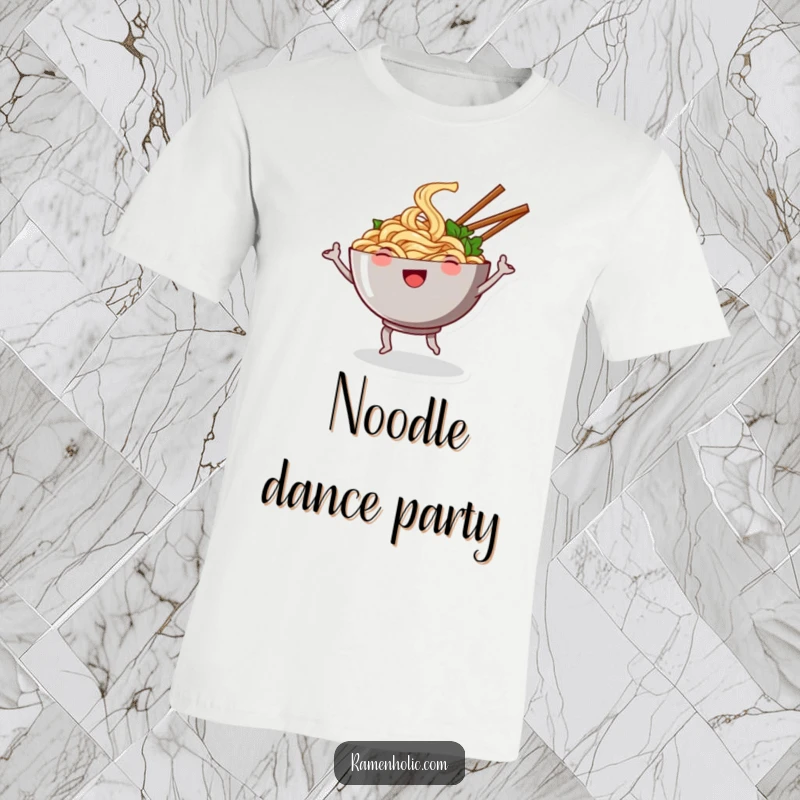 Funny t-shirt showcasing a smiling bowl of noodles in a silly dance, with chopsticks waving energetically like arms, a food cartoon.