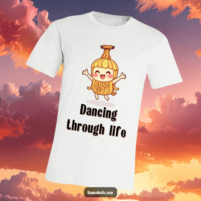 Funny t-shirt showcasing a single ramen noodle character doing a happy dance, radiating infectious joy and movement.