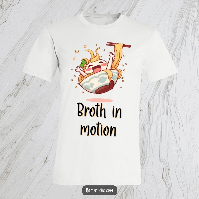 Funny ramen bowl character performing a joyous somersault with broth splashing, printed on a comfortable t-shirt.