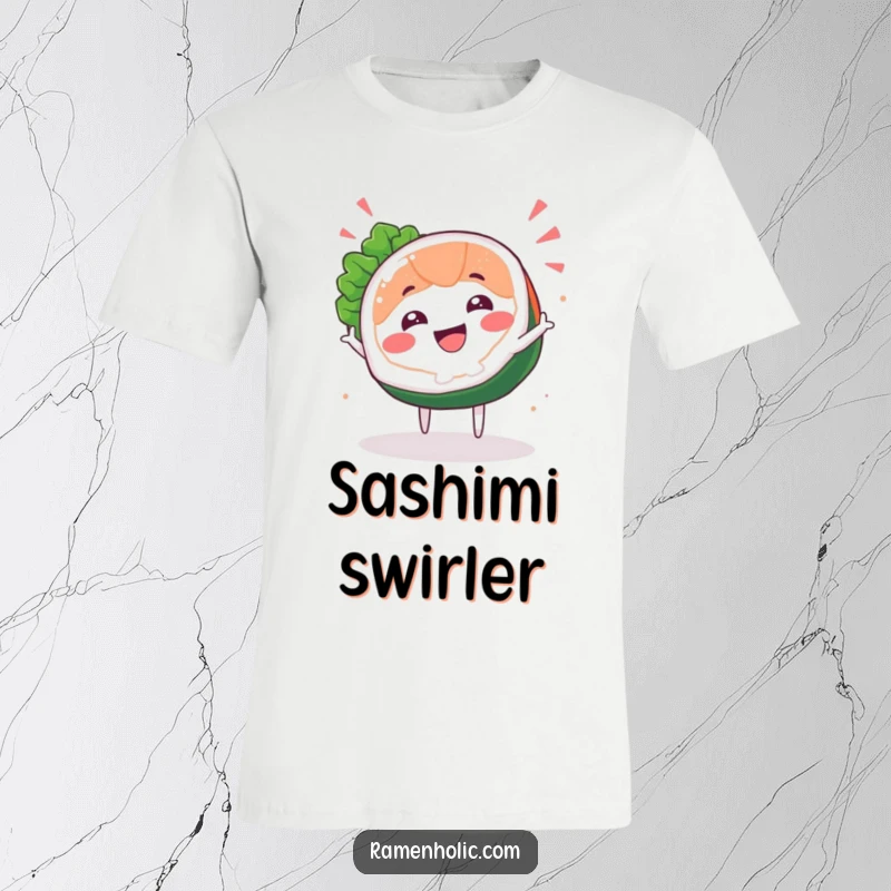 Funny Sashimi Spin T-Shirt showcasing a happy sashimi slice character performing a cheerful spin, ideal for casual wear.