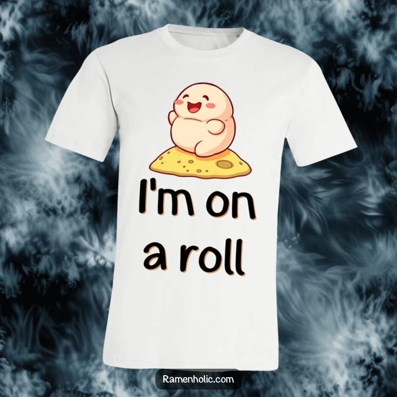 Funny t-shirt with a smiling dumpling rolling down a hill with delight, celebrating delicious food and fun.