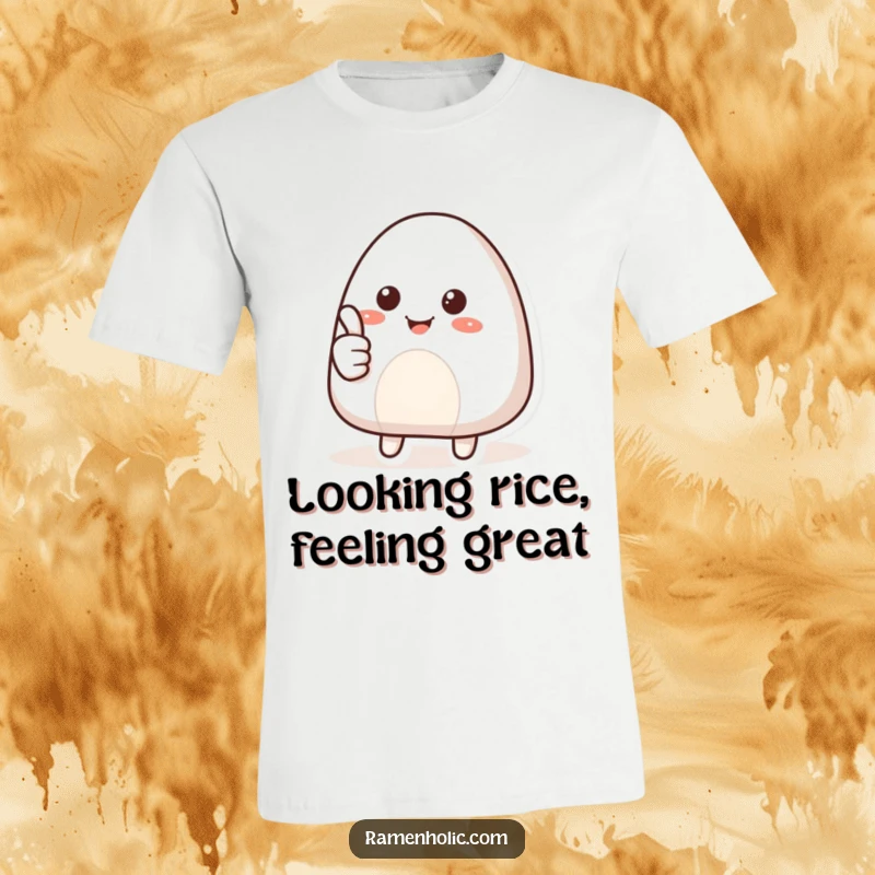 Funny t-shirt with a happy onigiri character giving a friendly thumbs up, symbolizing approval and deliciousness in a cute, food-themed design.