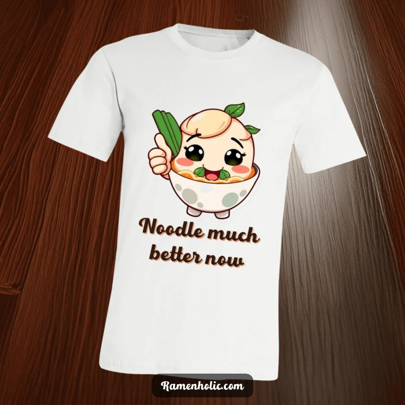 Funny t-shirt showcasing a smiling ramen bowl character giving a thumbs up, a declaration of deliciousness and joy.